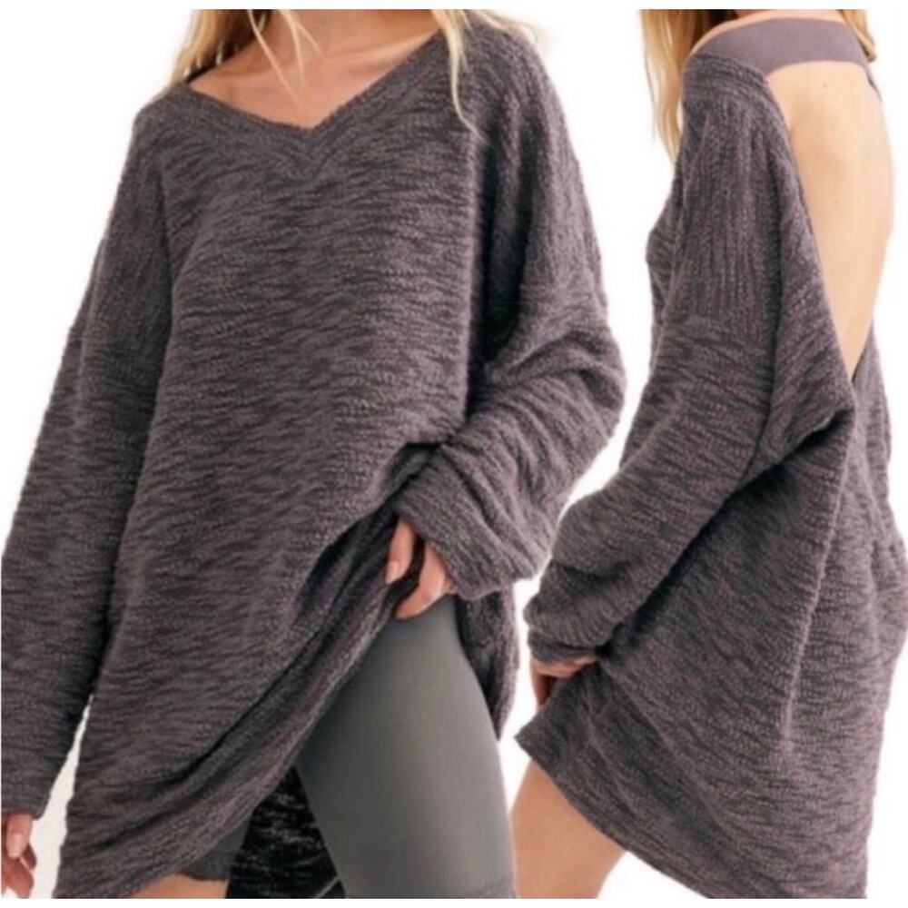 Free People Beach Fireside Oversized Tunic Sweater Slouchy Textured Purple M/L